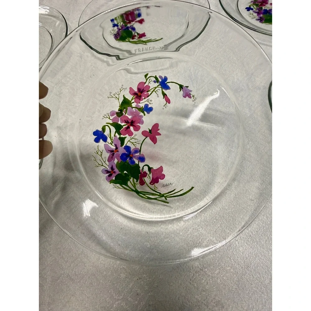 Vintage J Walsh Floral Clear Glass Salad Plates Set of 6 Made in France 7.5in